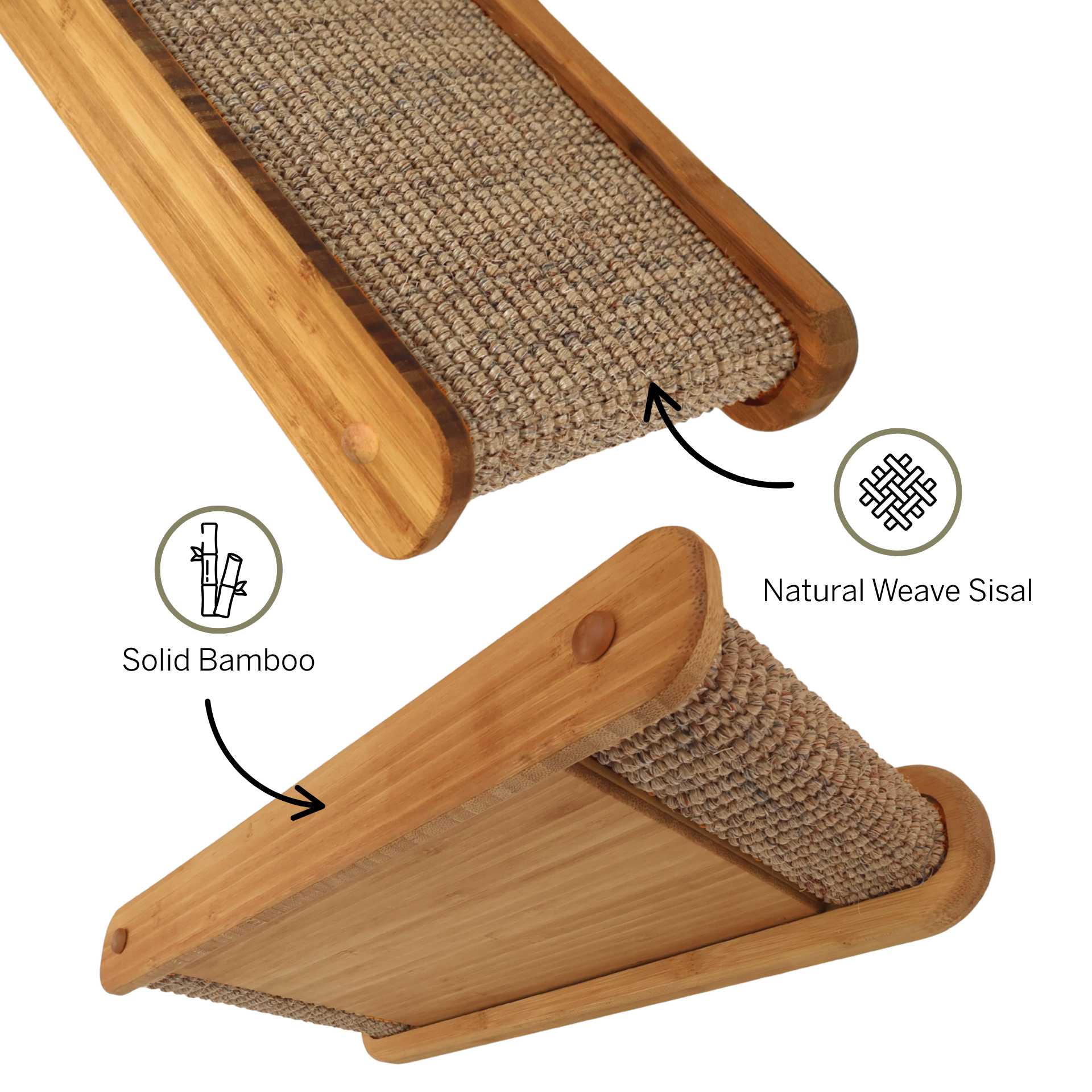 Bamboo cat shelves with built in scratcher with natural weave sisal and solid bamboo components. 